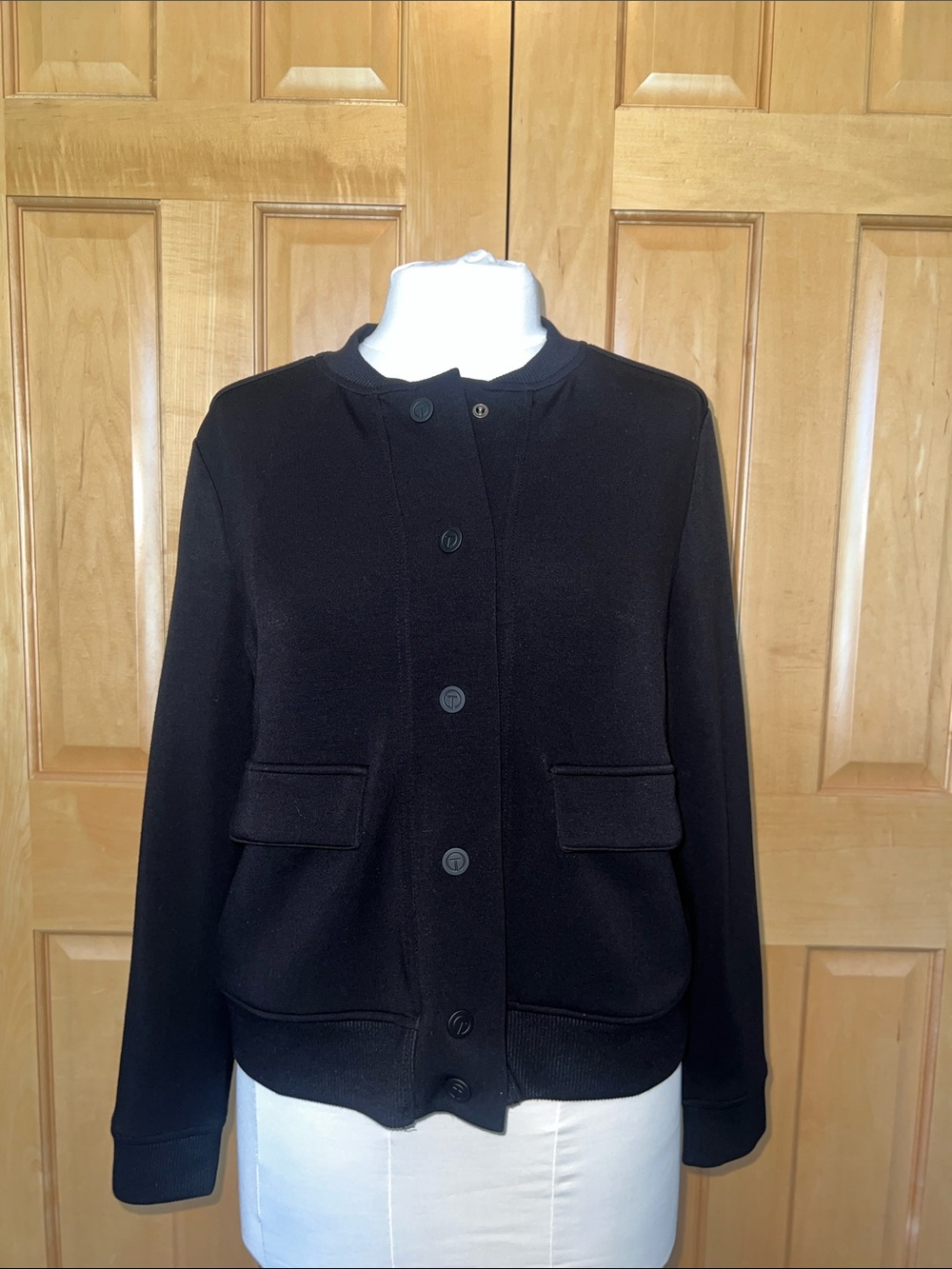 T by Talbots Black Airknit Snap Front Bomber Jacket